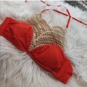 orange crochet high neck bikini top
